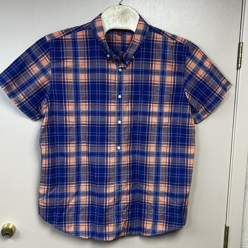 Arizona Shirt Mens XXL Button Down Salmon Blue Plaid Short Sleeve NWT